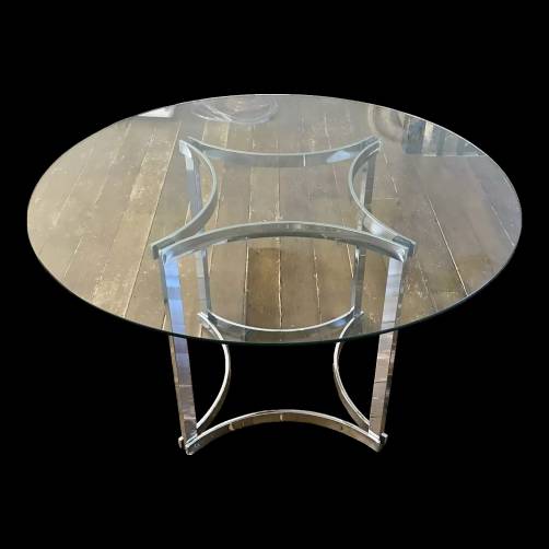Merrow Associates vintage dining table by Richard Young, round, glass & chrome, 1970`s ca, English